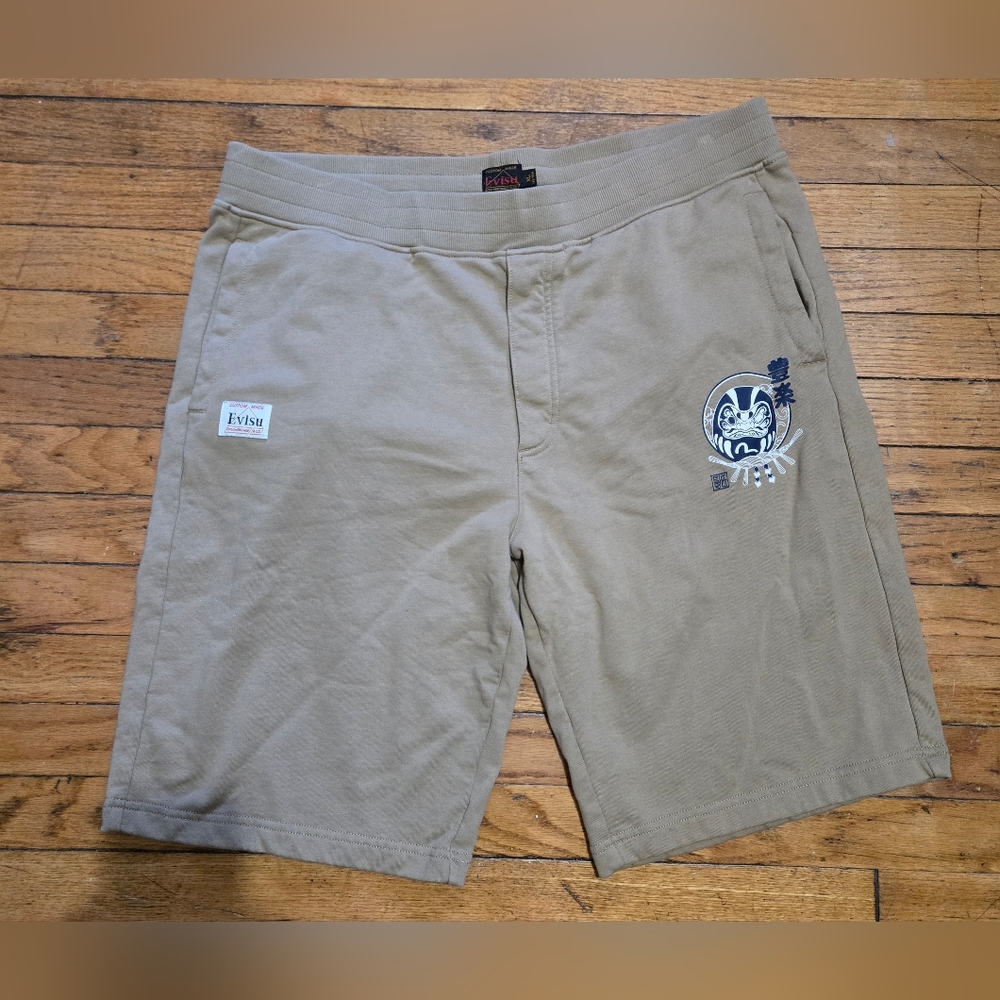 Evisu XL Playful Godhead Print Oversized Tan Sweatshorts